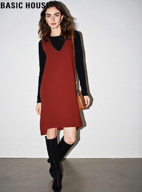 Basic House/百家好新年红色V领连衣裙女士冬季含羊毛加厚背心裙