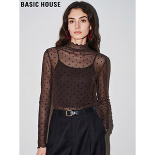 女夏季 百家好木耳边波点打底衫 内搭微透防晒网纱上衣 House Basic