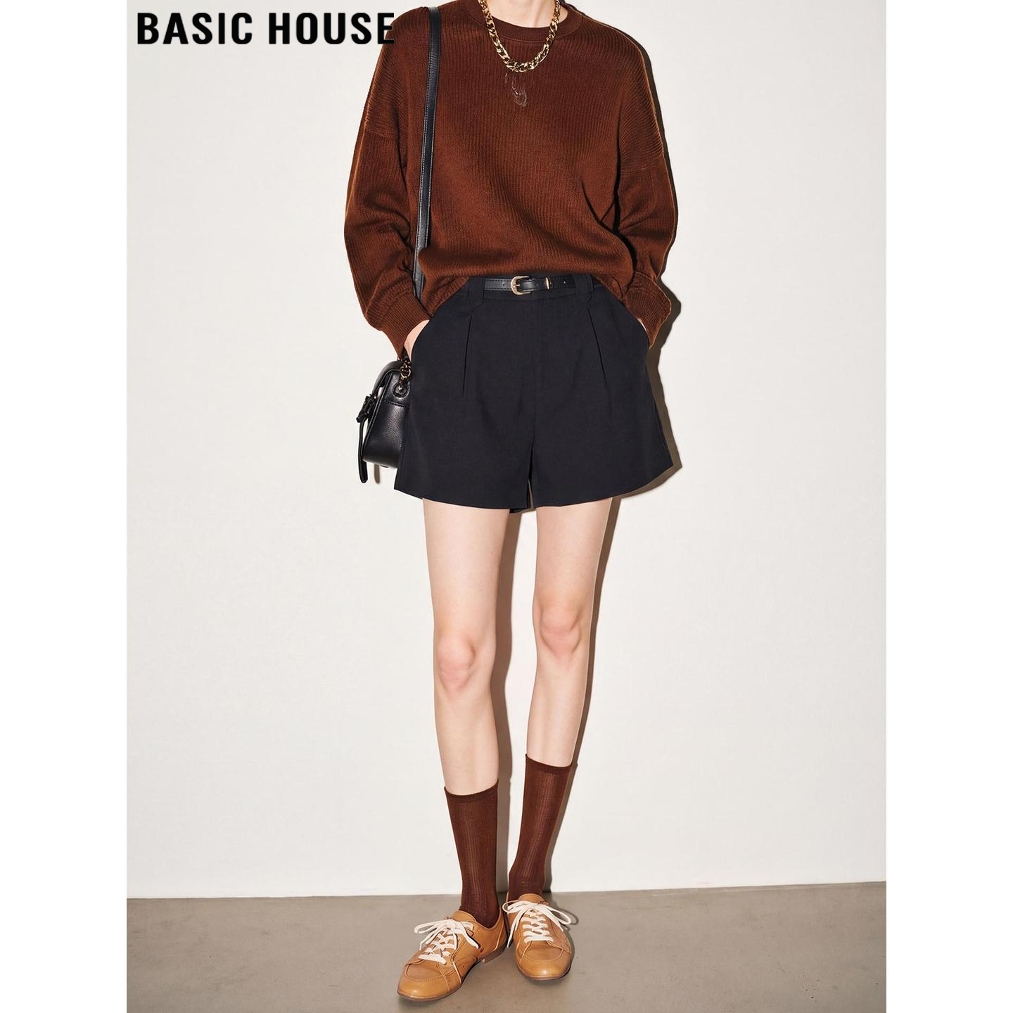 Basic House/百家好黑色阔腿西装短裤女2026春季新款高腰A字靴裤,女装/女士精品,休闲裤,淘宝优惠券,粉丝福利购,淘宝优惠卷