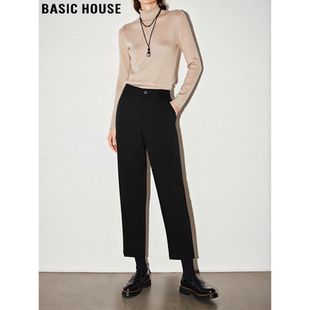 Basic House/百家好黑色九分西装裤女春季通勤百搭高腰直筒烟管裤