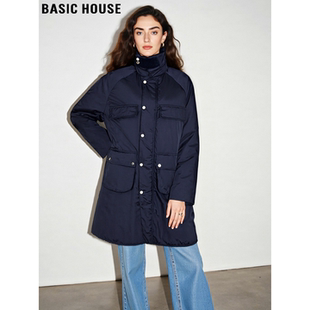 Basic House/百家好中长款高领棉服女冬季高级感加厚保暖棉衣外套