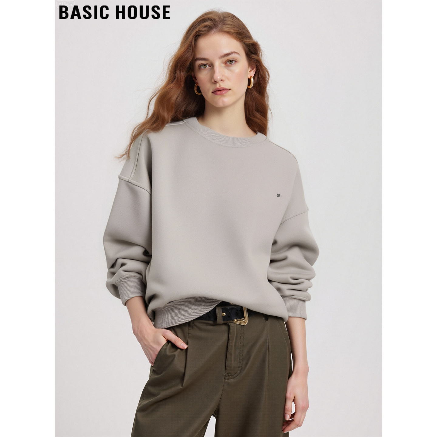 百家好慵懒宽松廓形刺绣圆领卫衣