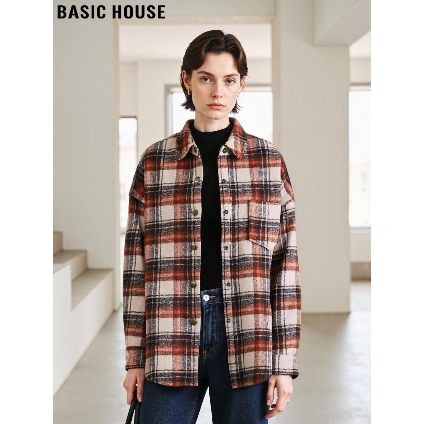 百家好复古格子磨毛加厚衬衫外套