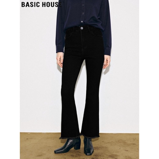 Basic House/百家好黑色高腰微喇牛仔裤女冬季九分加绒毛边喇叭裤