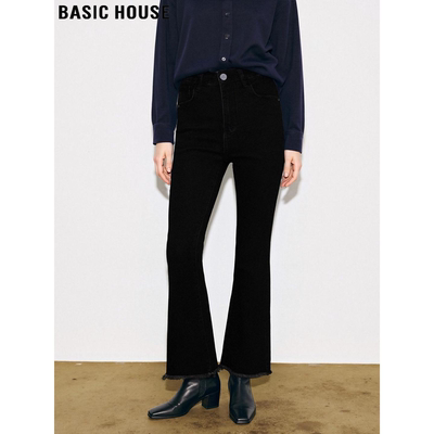 百家好黑色高腰九分加绒喇叭裤女