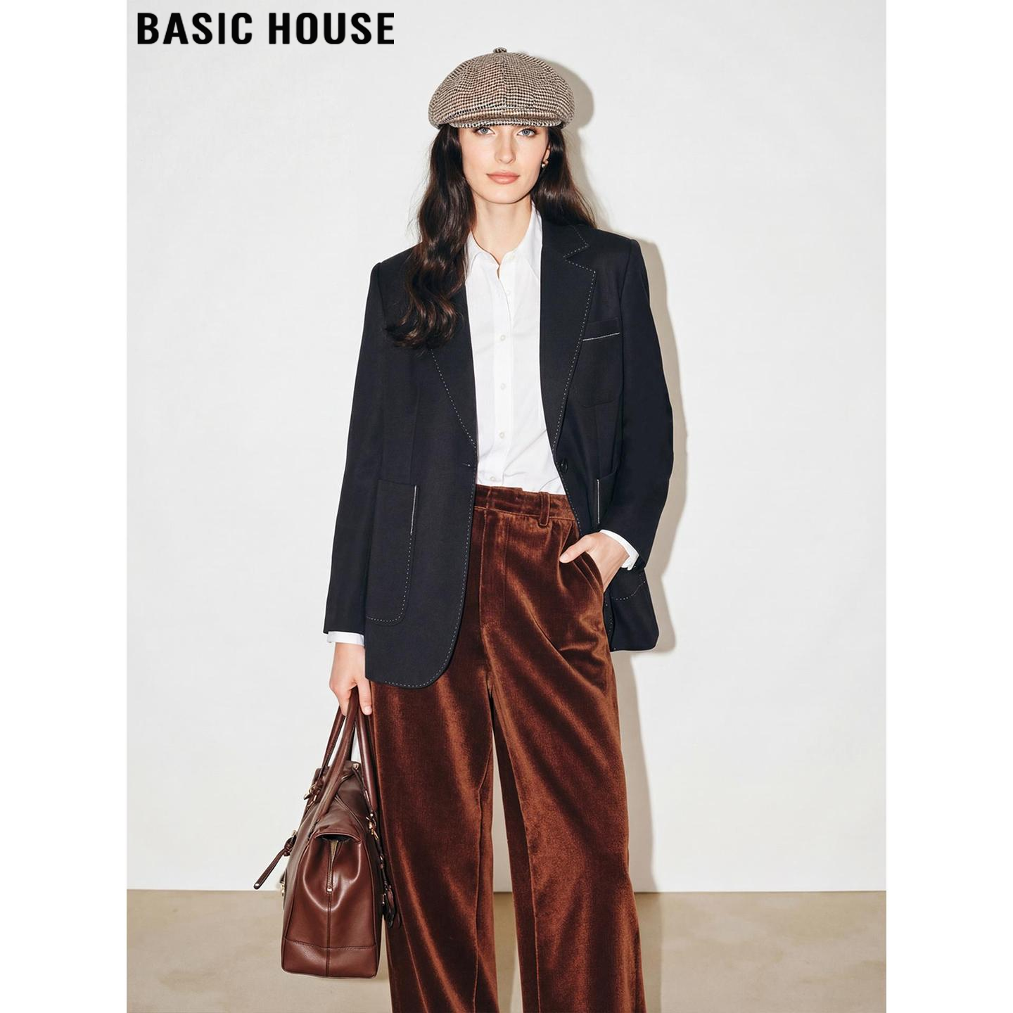 Basic House/百家好黑色西装外套女士2026春季新款中长款羊毛西服