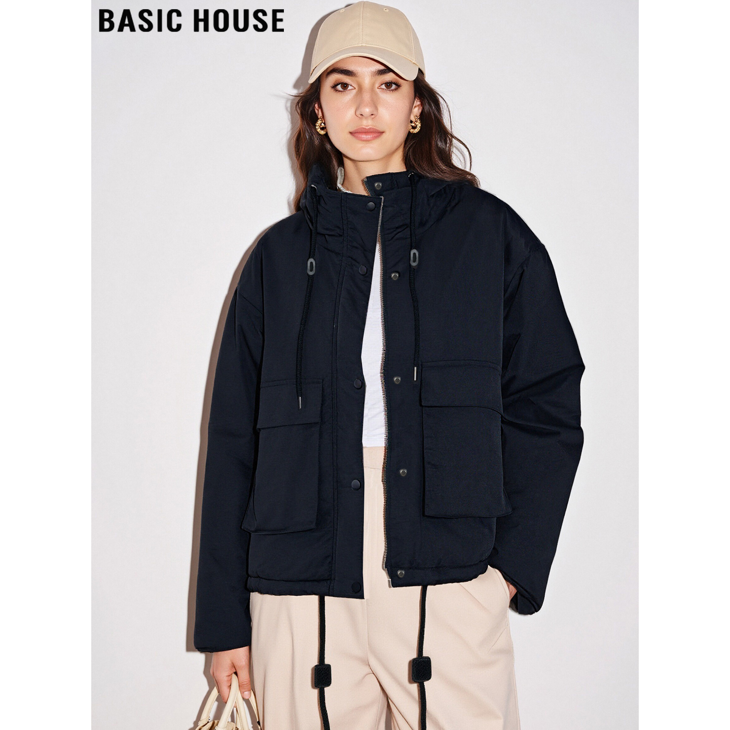 百家好大口袋连帽工装棉服外套女