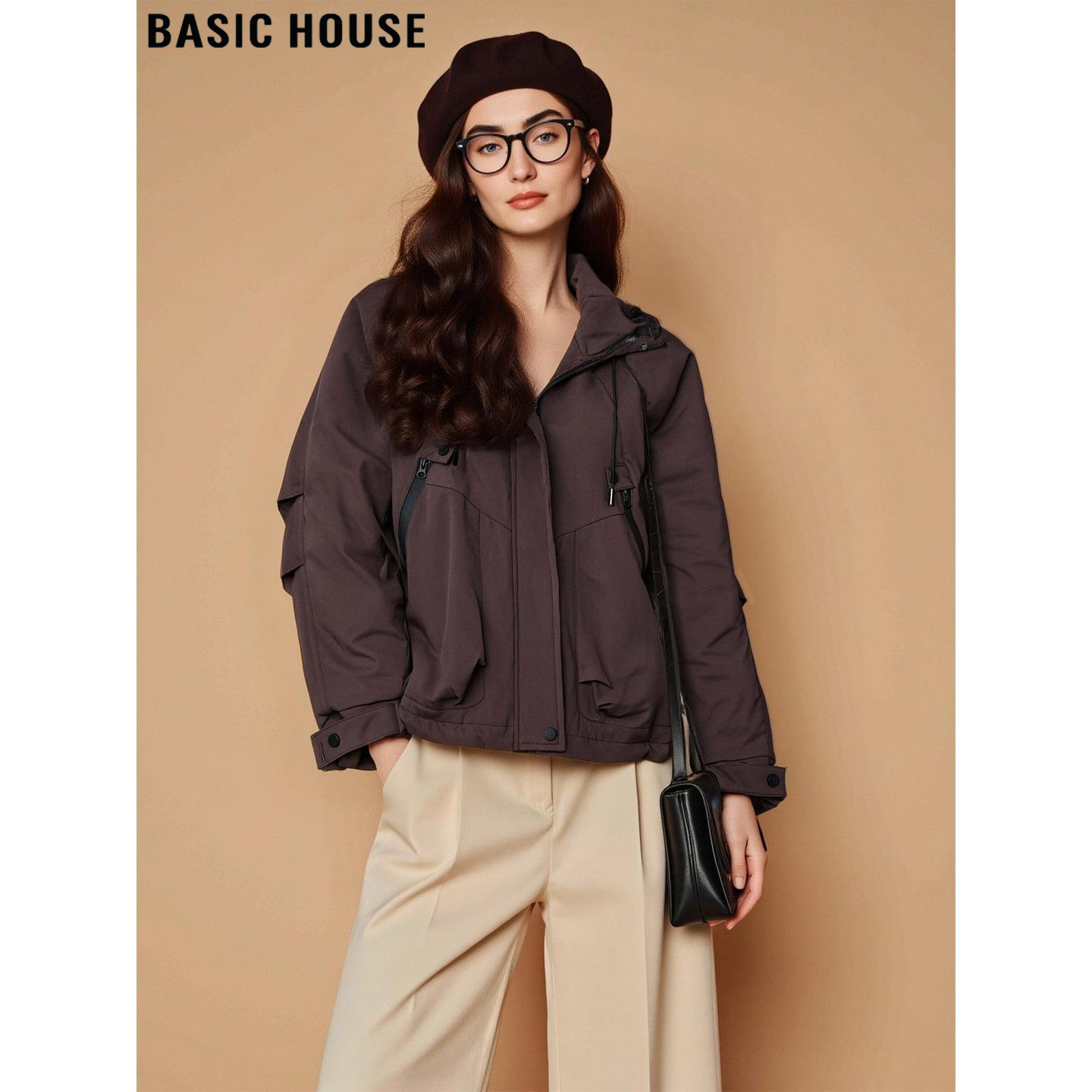 百家好美式紫色连帽棉服夹克外套