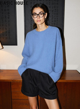 Basic House/百家好蓝色细闪羊毛针织衫女冬季高级感宽松软糯毛衣
