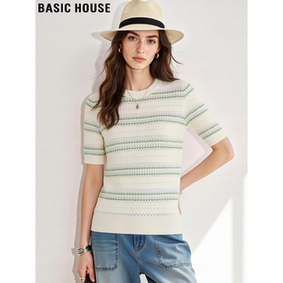 冰丝半袖 Basic 女士2026夏季 百家好撞色条纹圆领针织衫 上衣 House