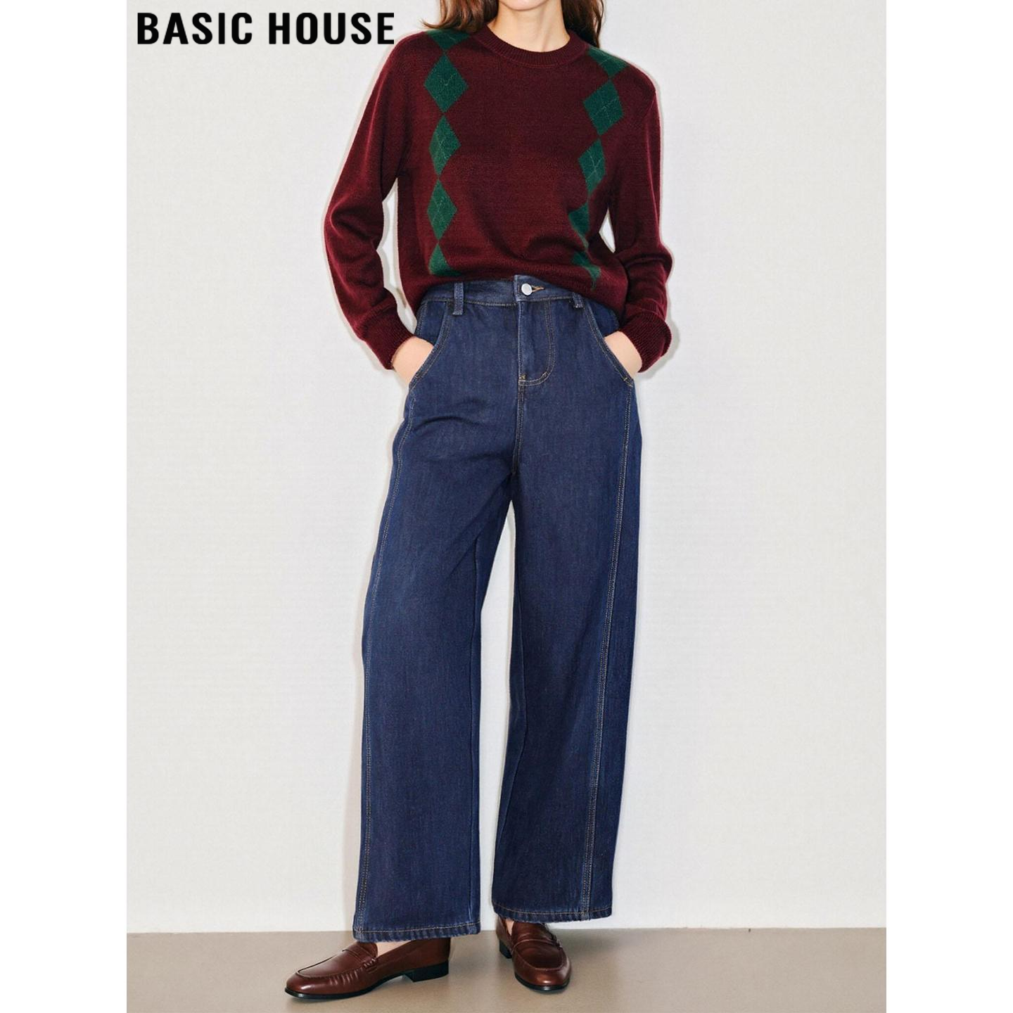 Basic House/百家好蓝色阔腿牛仔裤女2026春季新款小个子直筒长裤