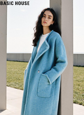 Basic House/百家好蓝色双面羊毛呢大衣女士冬季加厚长款毛呢外套