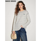House 百家好条纹圆领长袖 T恤女2026春季 Basic 新款 宽松刺绣上衣
