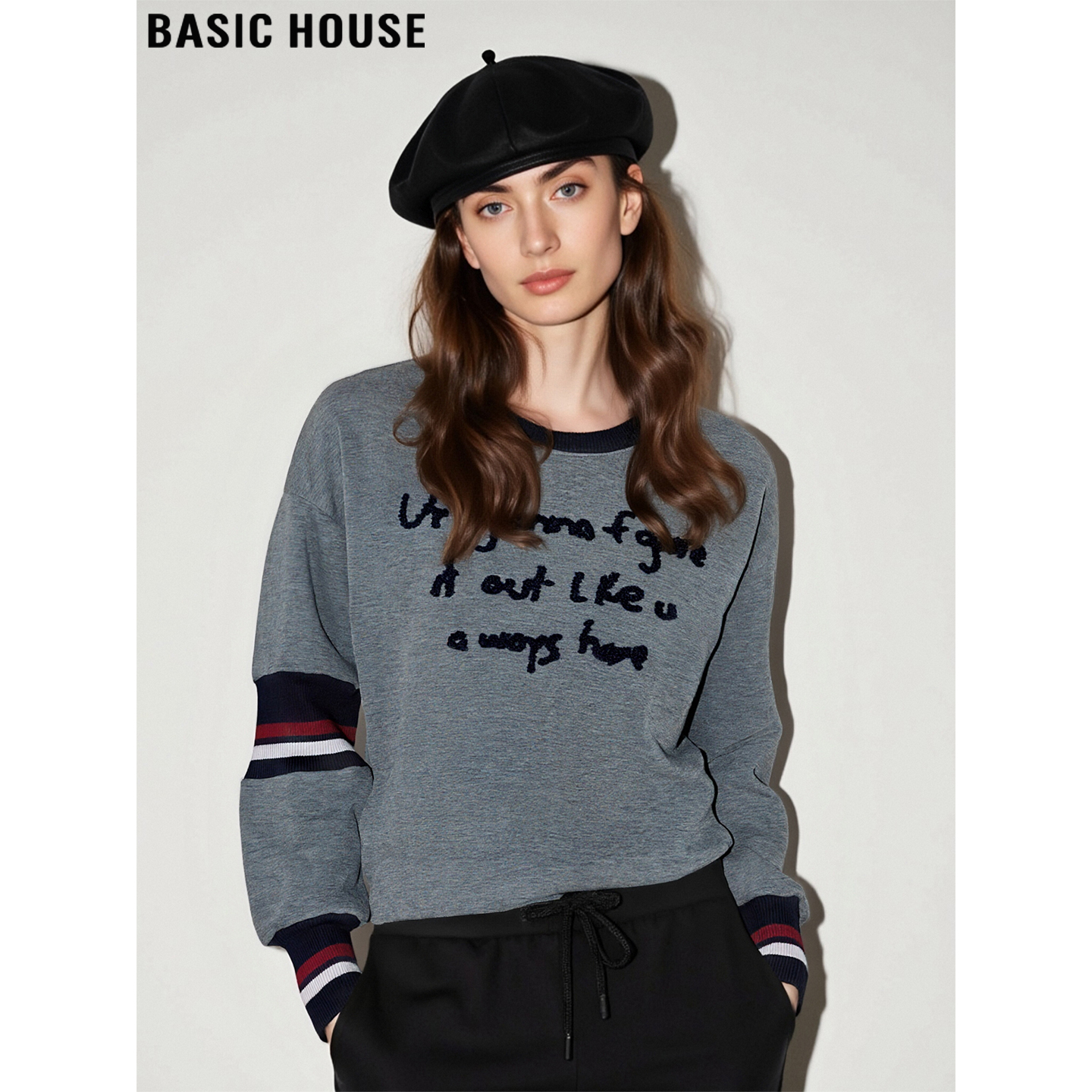 百家好美式复古撞色字母刺绣卫衣