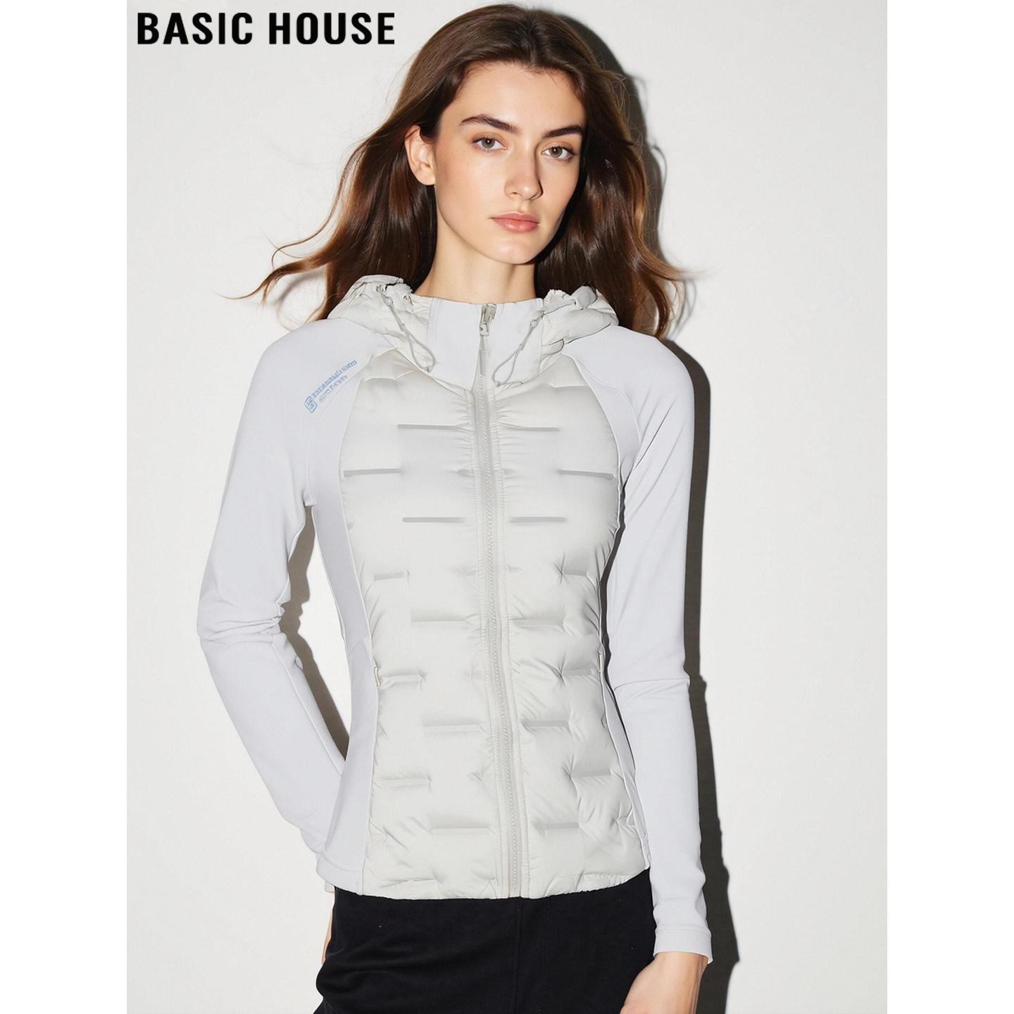 百家好米白色连帽90鹅绒羽绒服女