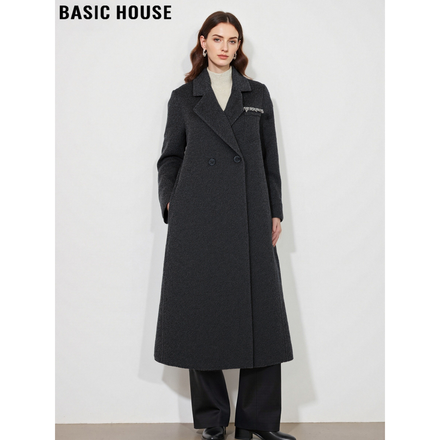 百家好中长款灰色羊毛呢子大衣女