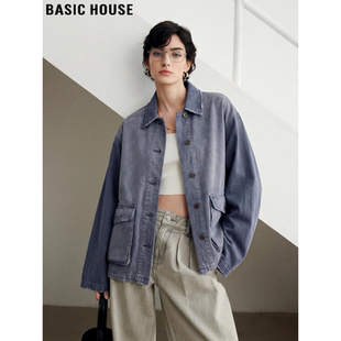 Basic House/百家好蓝色纯棉牛仔外套女2026春季新款复古做旧上衣