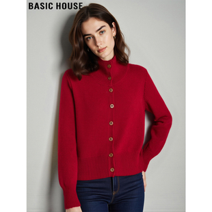 Basic House/百家好新年红高领羊绒针织衫女士冬季高级感软糯毛衣