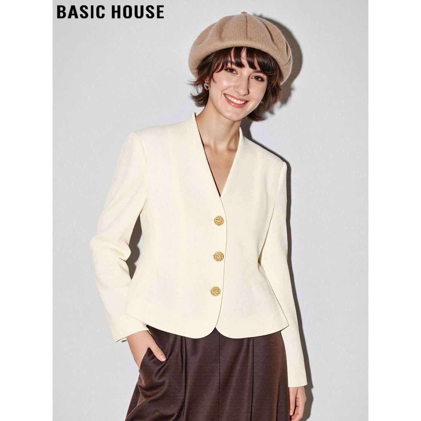 Basic House/百家好杏色V领西装外套女士2026春季新款短款小西服