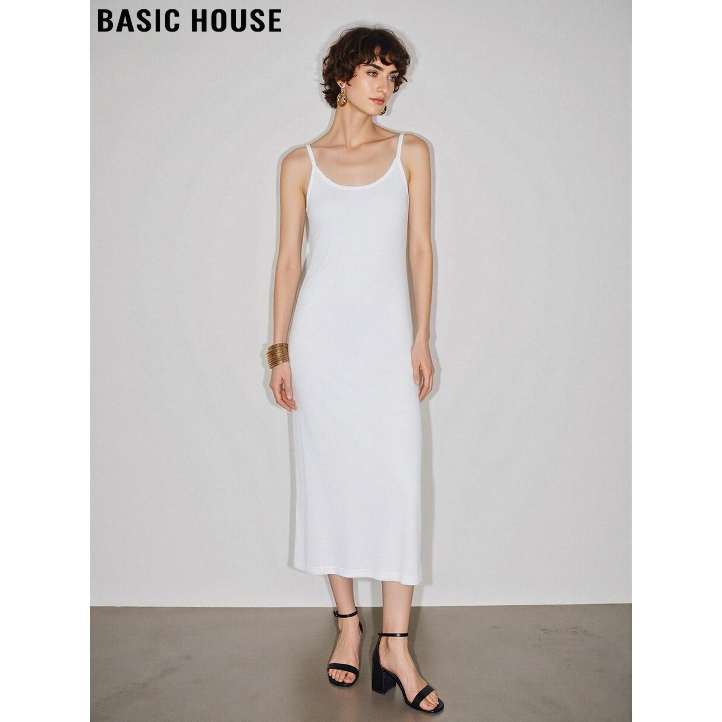 Basic House/百家好白色圆领吊带连衣裙女春季气质通勤修身打底裙