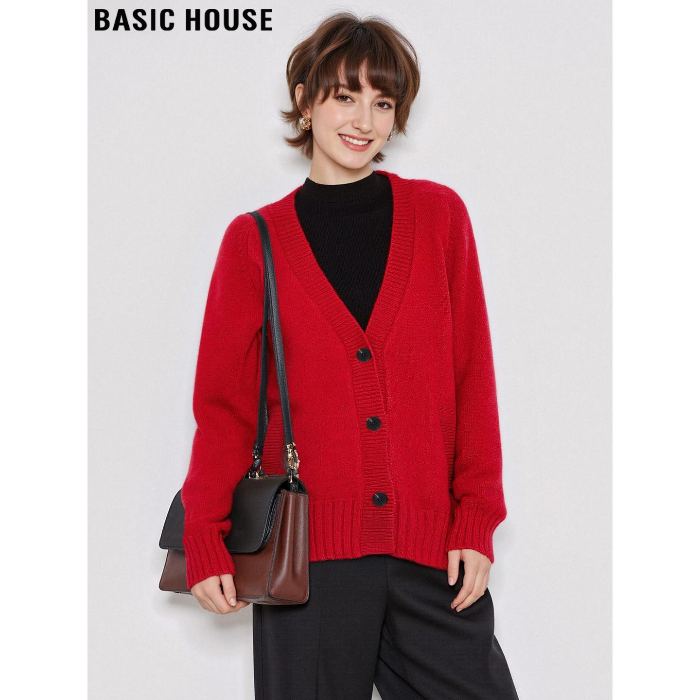 100%羊毛红色V领针织开衫毛衣女