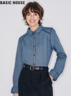 Basic House/百家好浅蓝色POLO领衬衫女2026春季新款叠穿牛仔衬衣