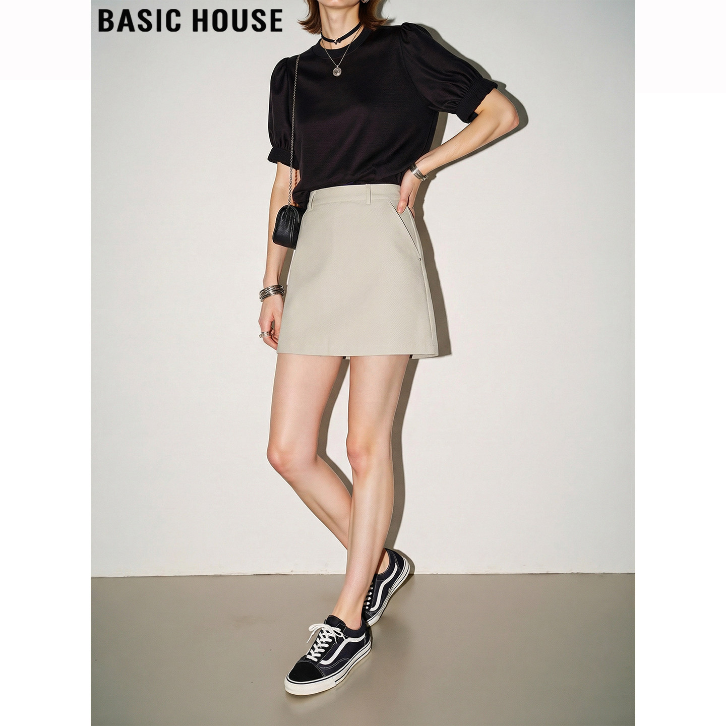 Basic House/百家好杏色西装半身裙女2026春季新款高腰A字短裙