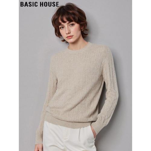 百家好驼色肌理感圆领打底毛衣女