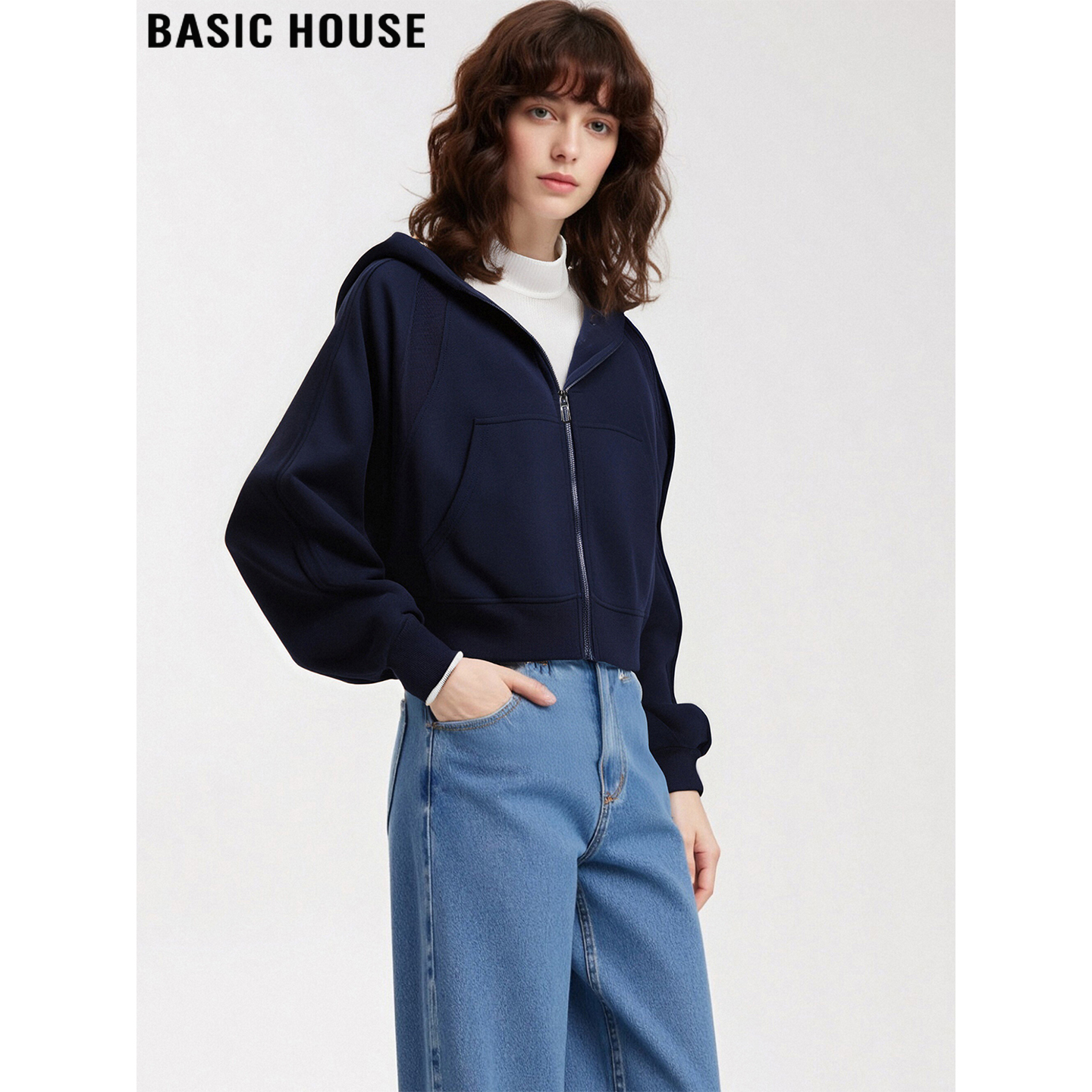 百家好藏青色连帽短款卫衣外套