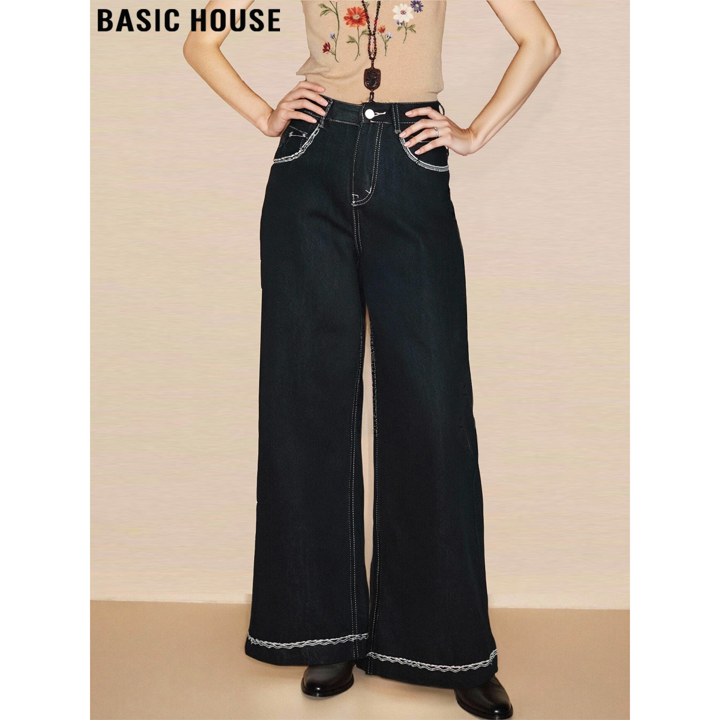 百家好摩登复古刺绣阔腿牛仔裤