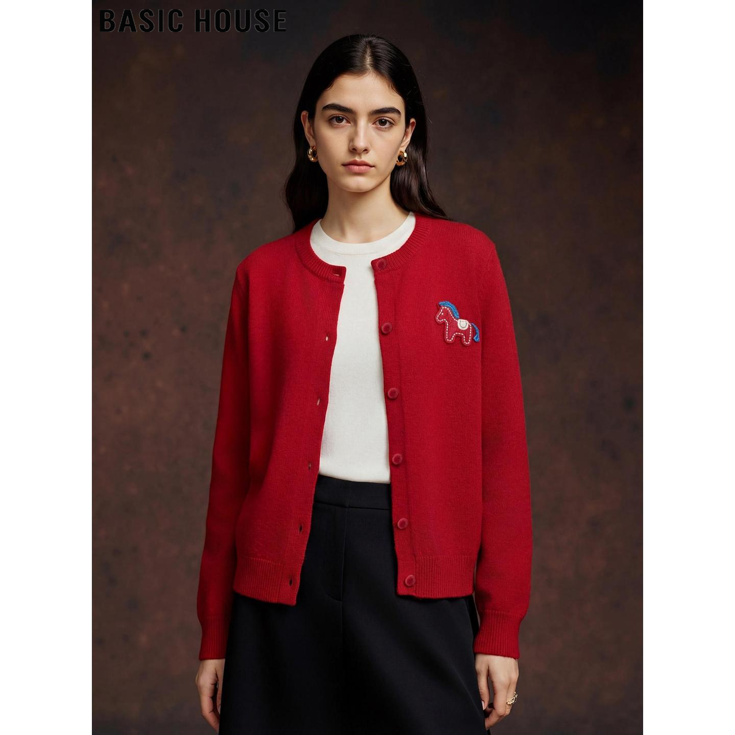 Basic House/百家好红色小马刺绣针织开衫女春季新年战袍毛衣外套,女装/女士精品,毛针织衫,淘宝优惠券,粉丝福利购,淘宝优惠卷