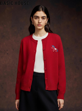 Basic House/百家好红色小马刺绣针织开衫女春季新年战袍毛衣外套
