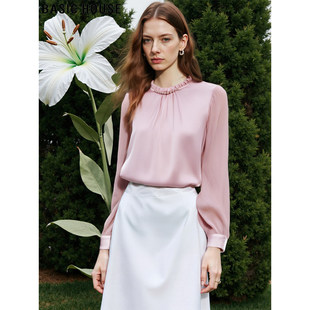 Basic House/百家好法式粉色圆领长袖衬衫女2026春季新款气质上衣