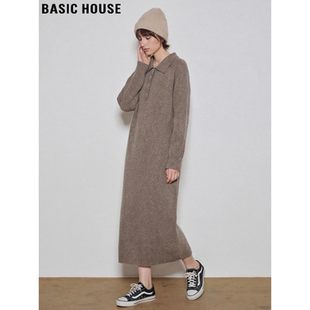 Basic House/百家好翻领针织连衣裙女2026春季新款长款过膝打底裙