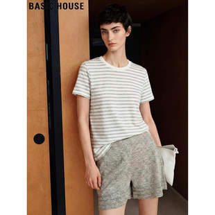 通勤风莫代尔半袖 Basic T恤女夏季 百家好条纹正肩短袖 上衣 House