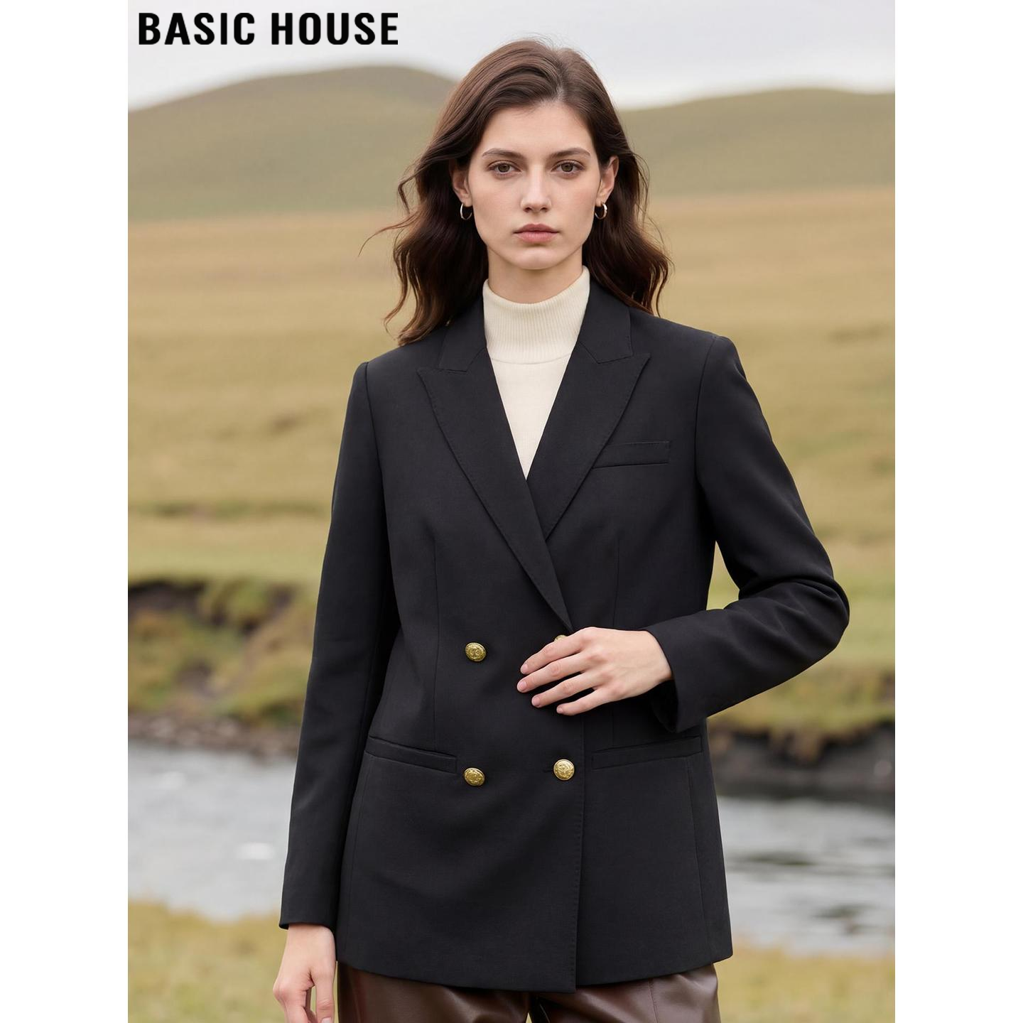 Basic House/百家好黑色V领西装外套女士冬季高级感气质羊毛西服