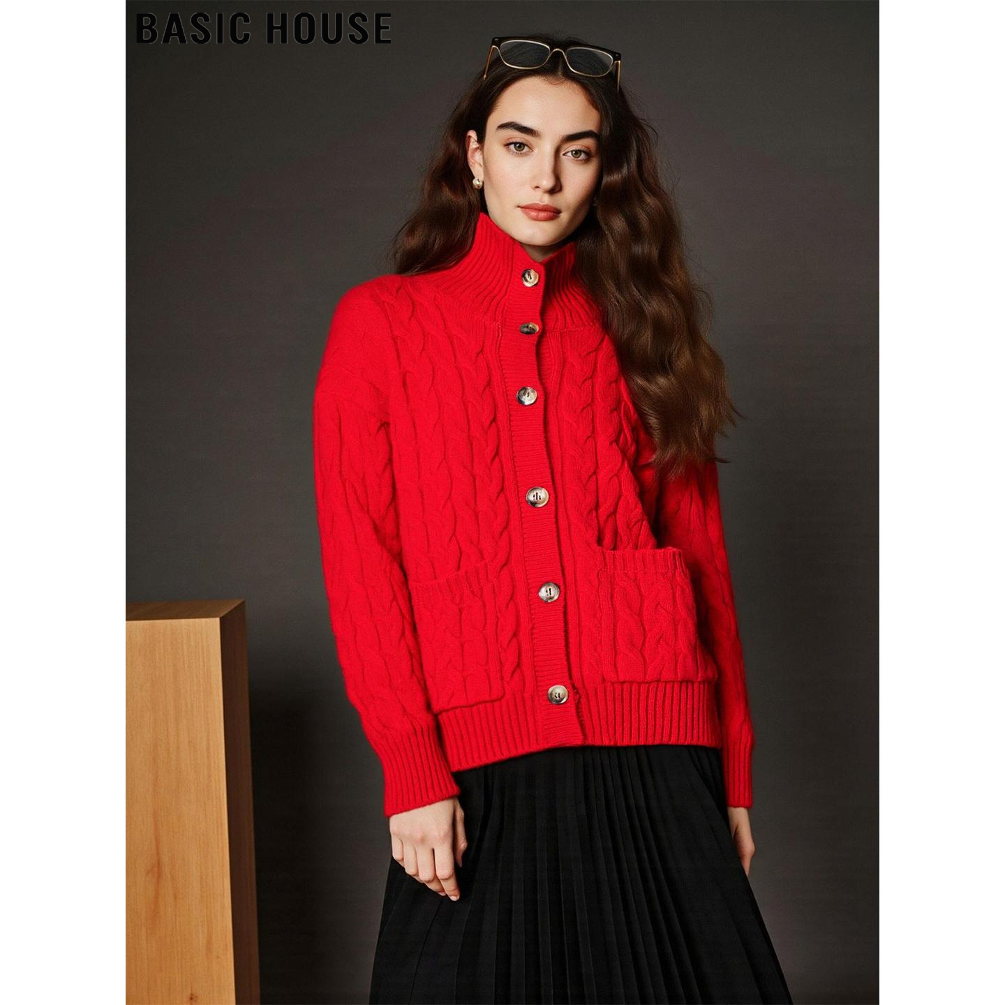 百家好100%羊毛圣诞红毛衣外套女