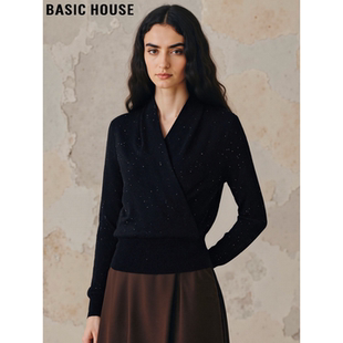 Basic House/百家好优雅气质亮片V领针织衫女冬季收腰毛衣打底衫