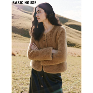 Basic House/百家好驼色圆领环保皮草女士春季加厚短款毛茸茸外套
