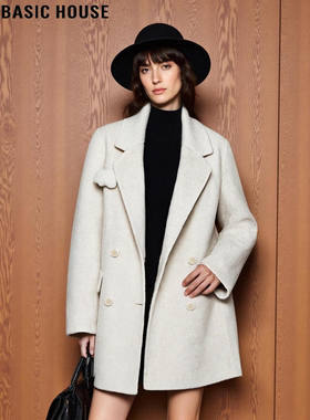 Basic House/百家好高级感白色毛呢外套女冬季中长款加厚羊毛大衣