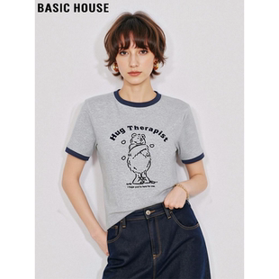 新款 Basic T恤女2026夏季 百家好灰色小熊印花短袖 圆领上衣 House