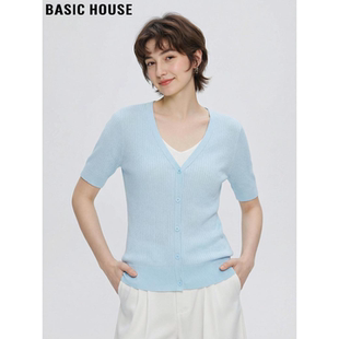 针织衫 百家好蓝色V领假两件天丝短袖 女夏季 薄款 Basic 开衫 House