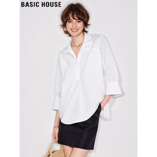 白色衬衫 Basic House 百家好七分袖 通勤宽松半开襟翻领衬衣 女春季