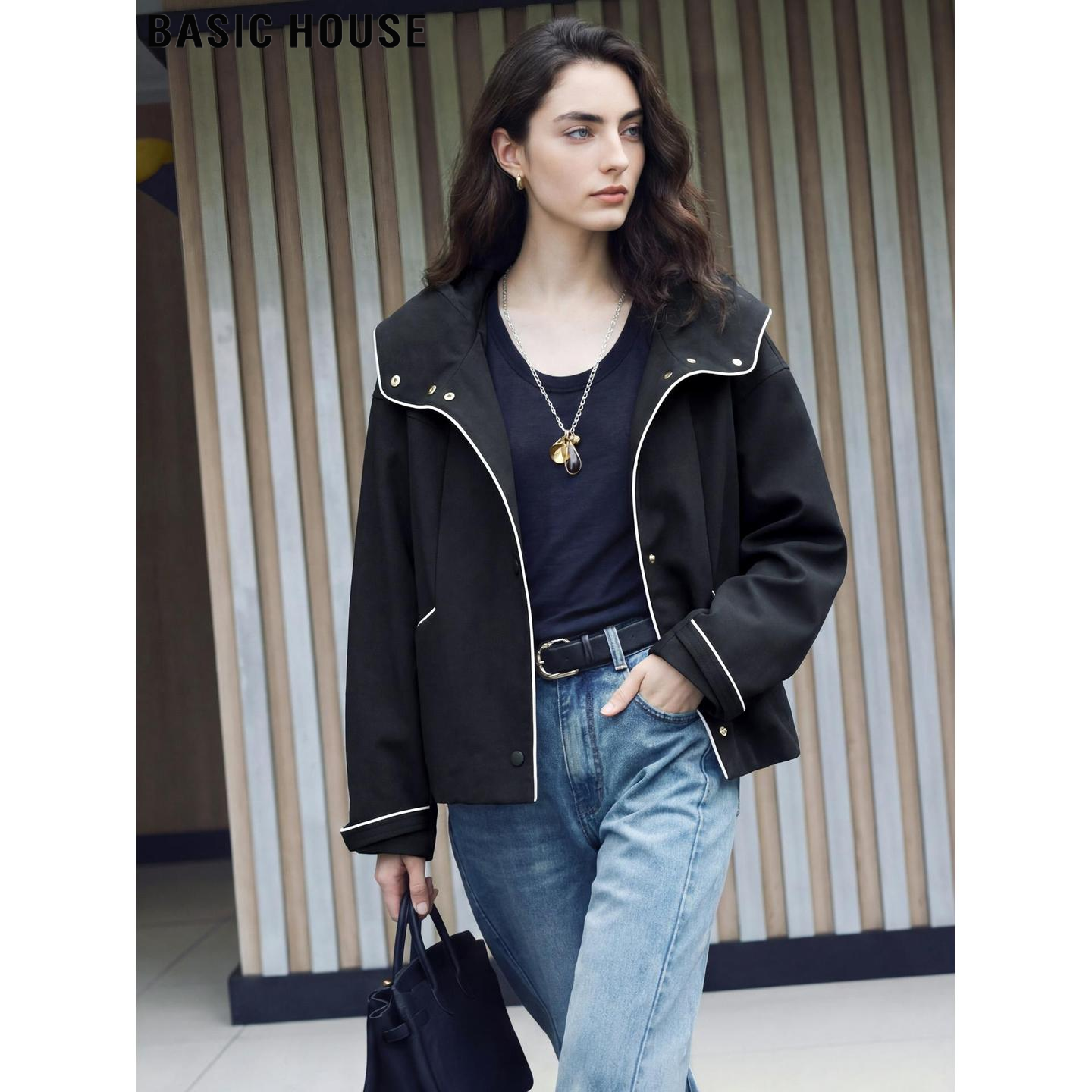 Basic House/百家好时髦撞色连帽外套女2026春季新款宽松短款夹克,女装/女士精品,短外套,淘宝优惠券,粉丝福利购,淘宝优惠卷