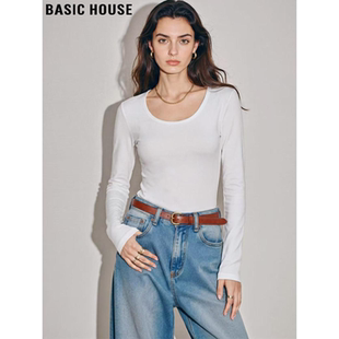 T恤女2026春季 百家好大圆领白色长袖 新款 修身 Basic 打底衫 House
