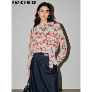 新款 Basic 女2026春季 百家好设计感系带碎花雪纺衫 气质衬衣 House