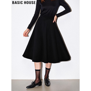 黑色含羊毛半身裙女春季 百家好法式 高腰A字中长裙子 House Basic