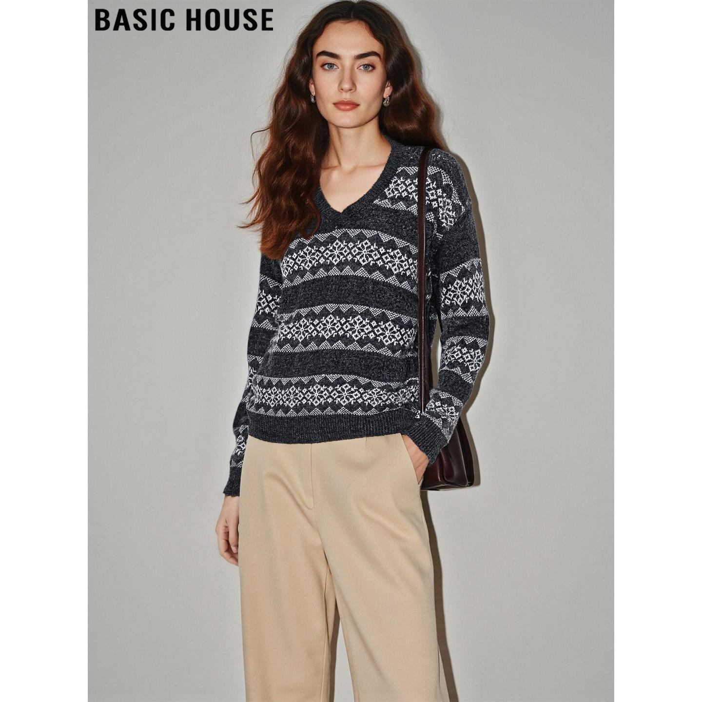 提花V领针织衫含羊毛软糯毛衣女