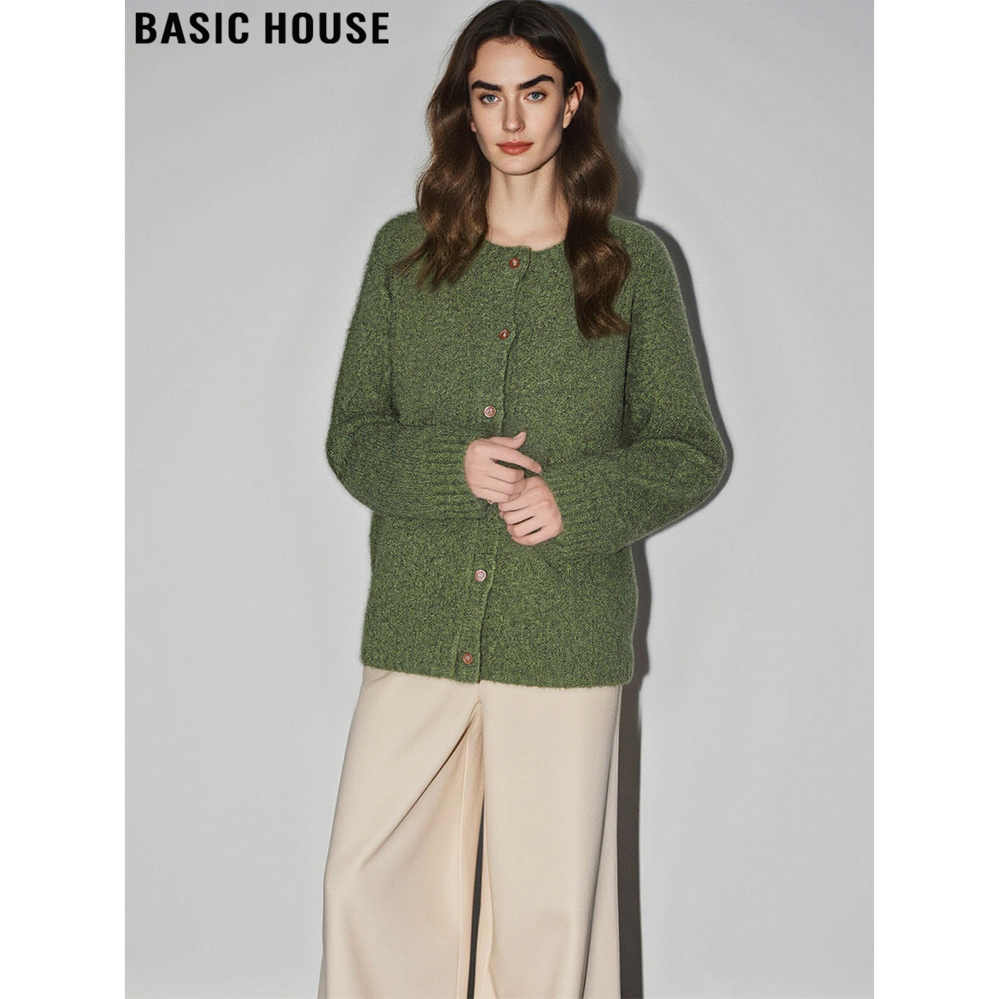 Basic House/百家好复古墨绿色毛衣外套女2025冬季新款针织羊毛衫