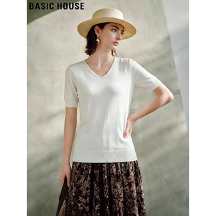 白色V领针织短袖 百家好法式 女夏季 修身 上衣 Basic 冰丝半袖 House